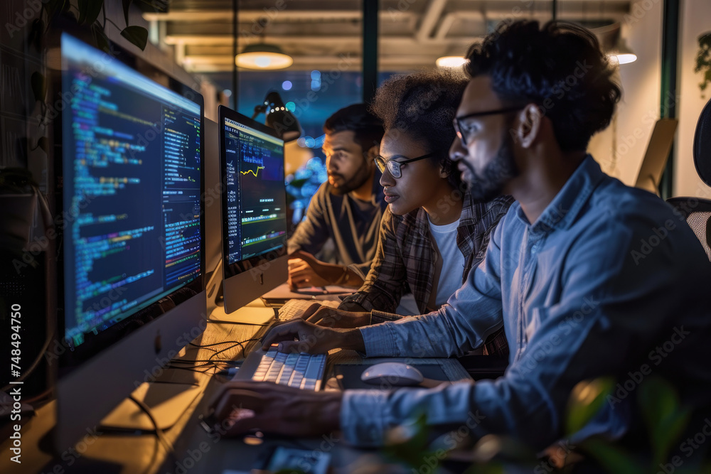 IT developers or programmers working using a computer together in an office