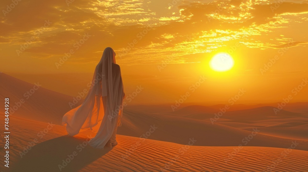 Walking in Desert Fashionable Woman Model in Evening Dress