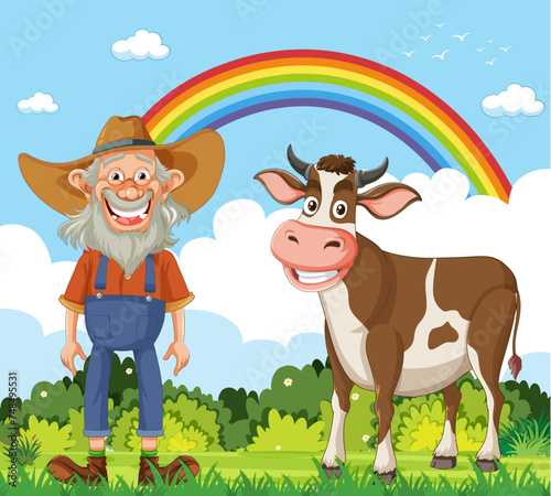 Cartoon of a smiling farmer with his cow outdoors