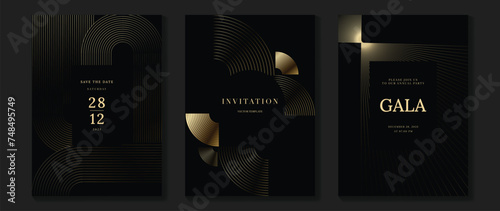 Luxury invitation card background vector. Golden elegant wavy gold line pattern on dark background. Premium design illustration for wedding and vip cover template, grand opening.