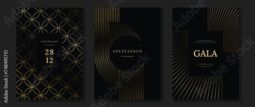 Luxury invitation card background vector. Golden elegant wavy gold line pattern on dark background. Premium design illustration for wedding and vip cover template, grand opening.