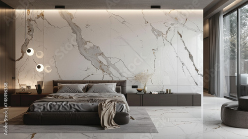 a luxurious master bedroom. The bedroom uses minimalist decor. The bedroom has a large marble feature wall