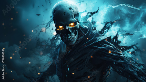 The image of a skeleton on the theme of chaos in dark black and light blue colors. Design for t-shirts. Generative AI