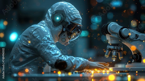 A futuristic human in a black spacesuit welds in a dark, isolated environment