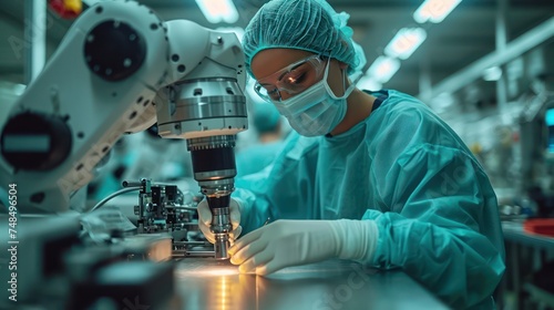A female scientist in a white lab coat analyzes a sample under a microscope in a modern laboratory