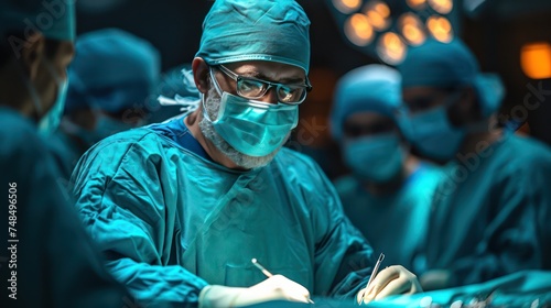 A team of surgeons in scrubs and masks operate on a patient in a bright hospital operating room