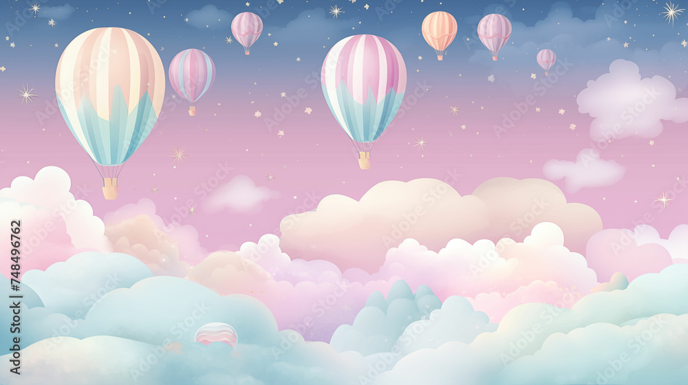 Group of hot air balloons flying through cloudy sky. Generative AI Group of hot air balloons flying through cloudy sky. Generative AI