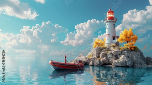 A peaceful digital illustration of a lighthouse on a small island with a boat and autumn trees under a cloud-filled sky.