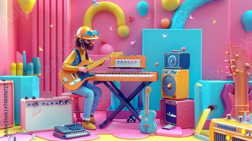 A vibrant and surreal scene featuring a bearded musician playing an electric guitar surrounded by whimsical musical equipment.