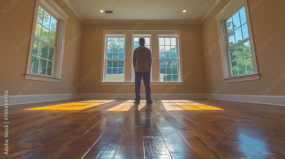 Man standing in an empty room of a new house