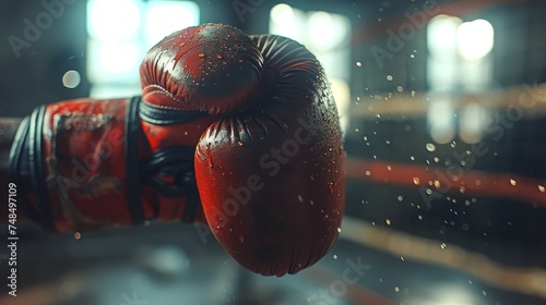 A detailed close-up of a red boxing glove glistening with sweat, symbolizing effort and determination.