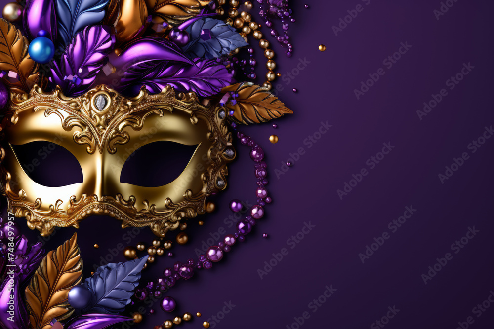 Carnival mask on purple background, Mardi Gras carnival party banner, empty space fot text