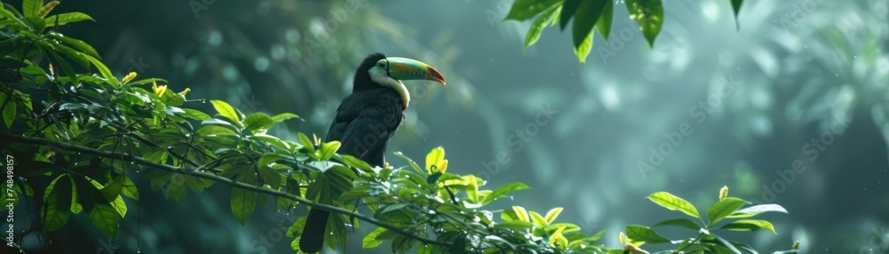 Obraz premium Colorful Avian Wonders. Stunning Toucan of the Tropics Perched Amidst the Lush Greenery of the Forest Capturing the Beauty and Diversity of Nature's Feathered Creatures