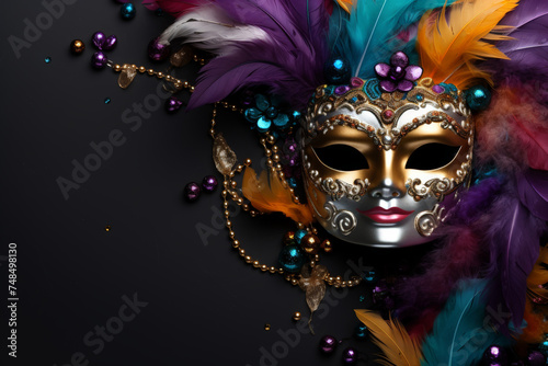 Carnival mask on black background, Mardi Gras carnival party banner, empty space fot text
