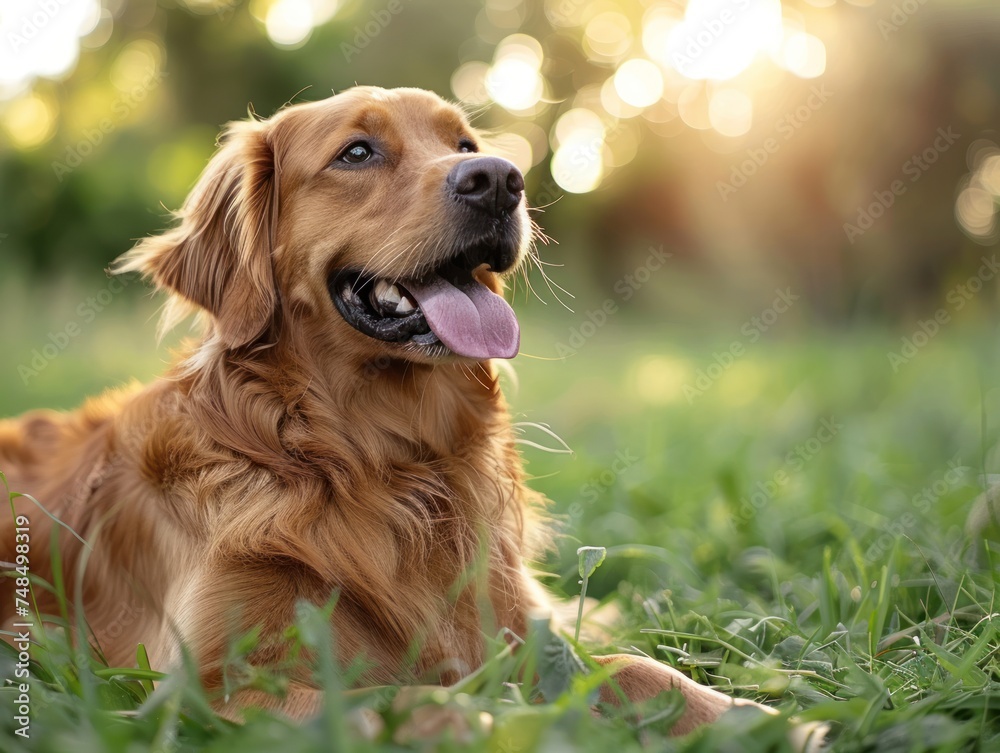 Enjoying a Day in the Sun. Adorable Canine Companion Rests Playfully in the Lush Green Meadow, Basking in the Warmth of Summer
