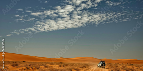 car running in the desert, road car in desert,driver car in sand dunes in the desert, Landscape view of dusty road car desert