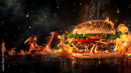 Delicious burger with fire flames particles on black texture background