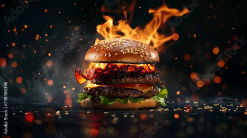 Delicious burger with fire flames particles on black texture background
