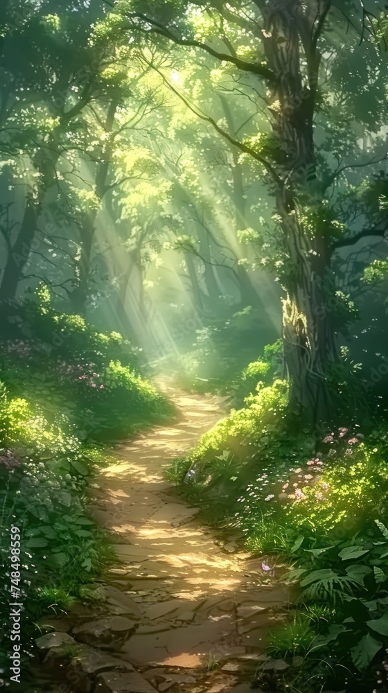 Enchanted Forest Path. Tranquil Journey Through Nature's Splendor, Where Sunlight Filters Through Lush Green Canopies