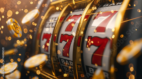 slot machine showing 777 with flying golden coins and confetti, casino, gambling and winning concept  photo