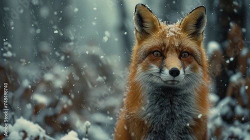 Red Fox in Snow. Captivating Portrait of a Wild Fox Amidst a Winter Wonderland. With its Bright Red Fur Contrasting Against the White Snow