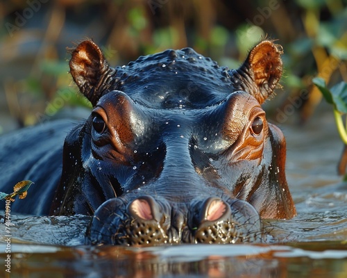 Close Portrait of Powerful Hippopotamus Submerged in Waters. Massive Mammal Peering with Big, Dangerous Eyes © Thares2020