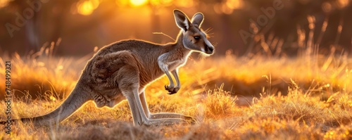 Brown Kangaroo Sprints Across Outback, Symbolizing the Essence of Wildlife in its Natural Habitat © Thares2020