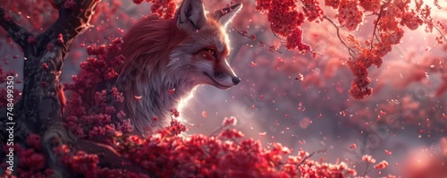 Graceful Fox in a Flowered Grove. Portrait of a Red Fox, Captured Amidst a Bed of Blooming Flowers in the Heart of the Forest
