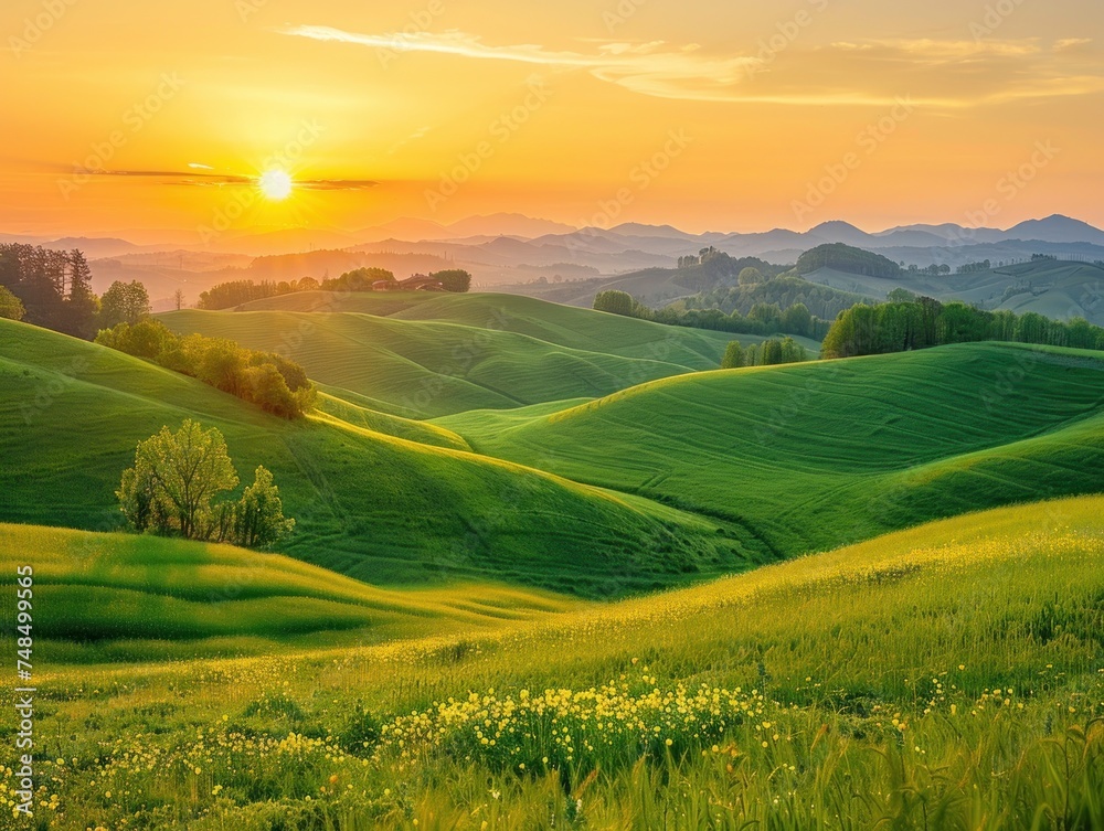 Sunset over the Meadow: A Breathtaking Landscape Bathed in the Warm Glow of the Setting Sun. Nestled between Majestic Mountains, the Meadow Stretches