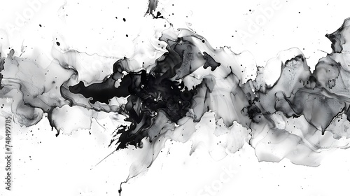 Art black and white watercolor, ink and felt-tip pen marker smear blot Abstract texture alcohol ink stain on white background photo