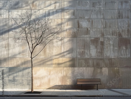 Tree Shadows on Urban Walls. Contrast of Nature and Architecture. Concrete Background of the City, Tree Branches Cast Intricate of Shadows and Light