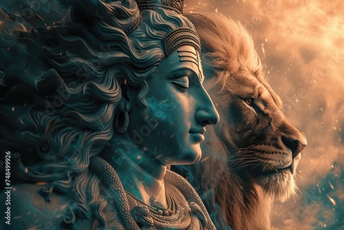 Artistic Illustration of a Hindu God with a Lion - Digital Artwork. Fictional Character Created By Generated By Generated AI.