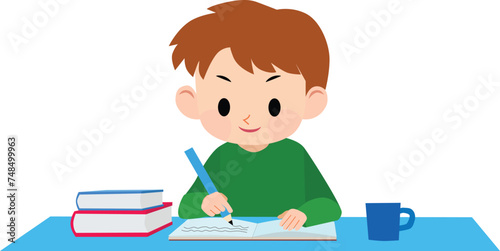 Schoolboy with a book. A boy wearing green clothes studying. Vector Illustration.