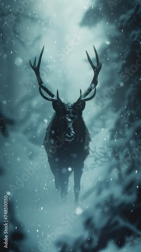 Silhouette of a deer Haunting the Winter Forest Capturing the Chilling Atmosphere of a Snowy Night © Thares2020
