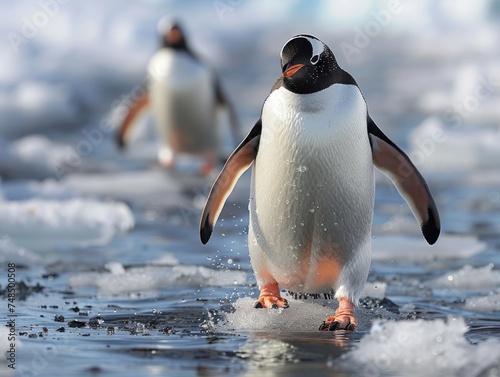 Penguins Masters of Ice. In the Pristine Landscape of the Frozen Continent, These Majestic Birds Roam the Ice-covered Terrain with Grace and Tenacity