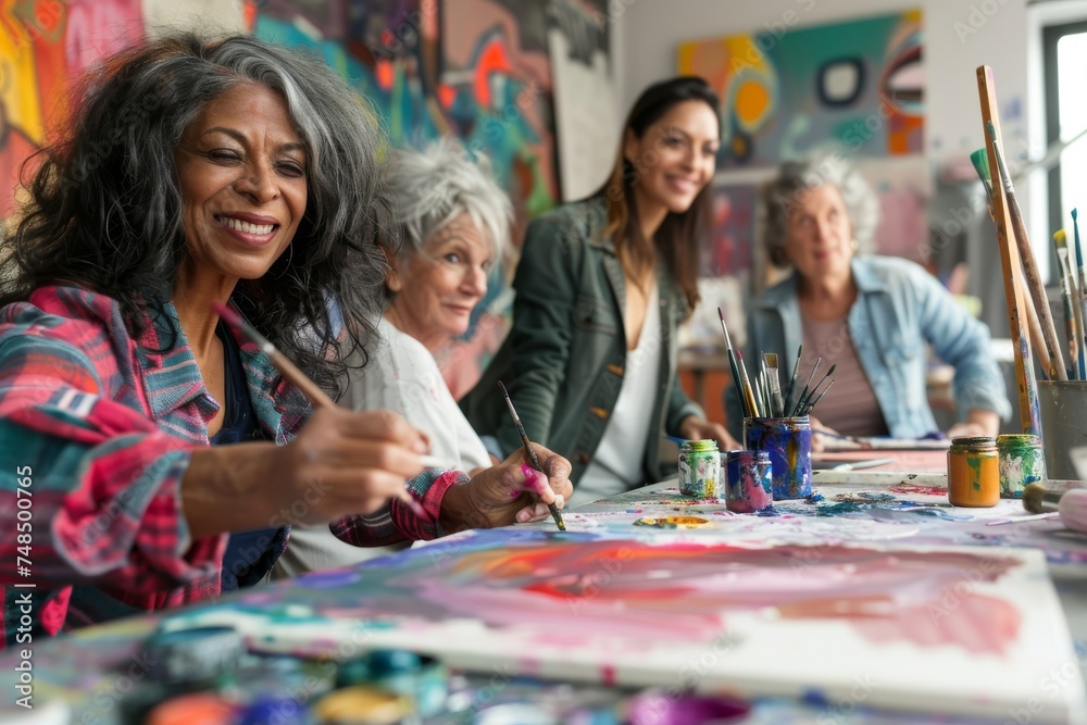 Senior lady artist enjoying painting activity in studio with her friends Senior lady artist enjoying painting activity in studio with her friends