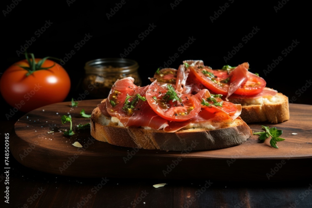 Crispy Prosciutto tomato toast. Food jamon. Generate Ai