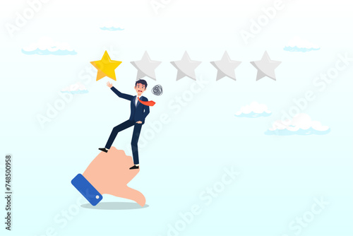 Unhappy man on thumb down giving bad review star, negative feedback, bad review or one star customer feedback, terrible or poor quality user experience, low rating result or disappointment (Vector)