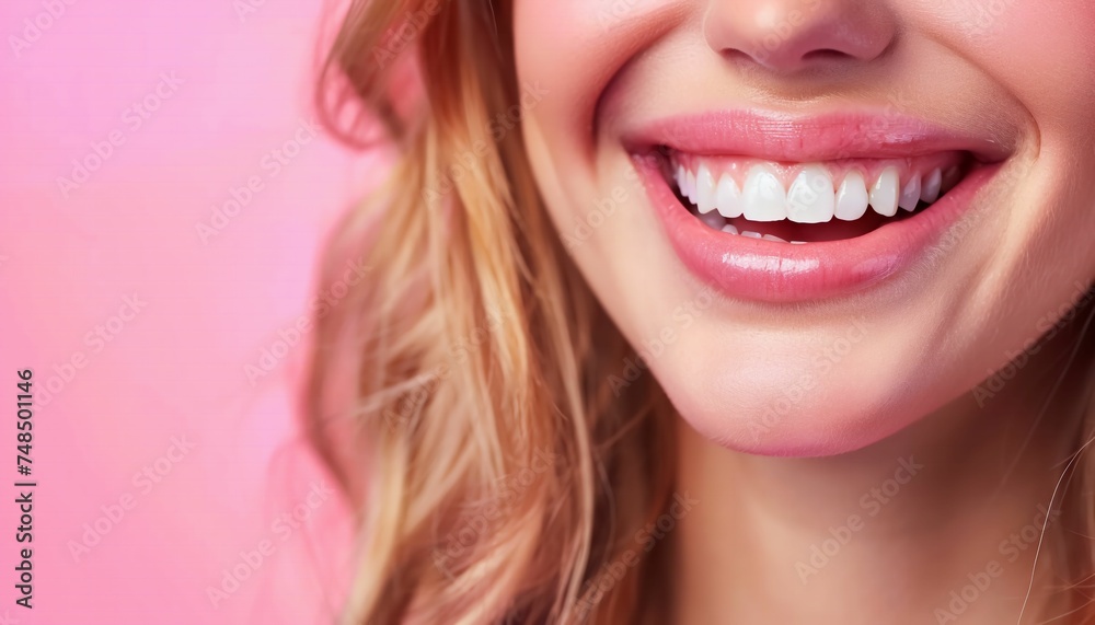 Fototapeta premium Close-up portrait of a young woman with a toothy smile on her face against a pink background.