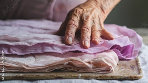 aged hands, bathed in sunlight, as they carefully fold a soft, pink fabric on a rustic wooden board