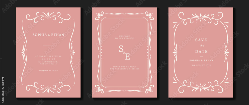 Luxury wedding invitation card vector. Elegant art nouveau classic antique design, white line, frame on pink background. Premium design illustration for gala, grand opening, art deco.