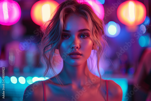 Beautiful young woman dancing in a nightclub with neon colors lights