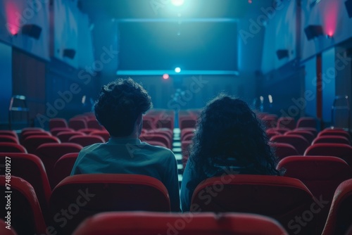 Young couple man and girl watching a movie in a movie theater
