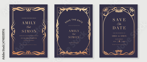 Luxury wedding invitation card vector. Elegant art nouveau classic antique design, rose gold lines gradient, frame on purple background. Premium design illustration for gala, grand opening, art deco.