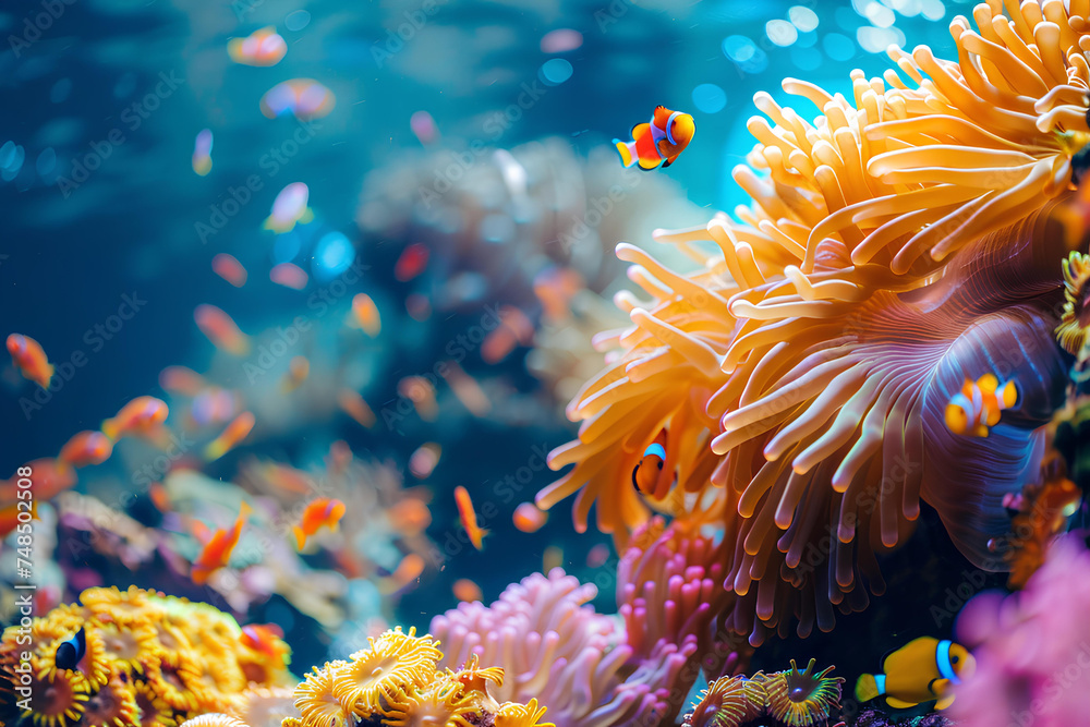 Clownfish Amidst Sea Anemones - obrazy, fototapety, plakaty 