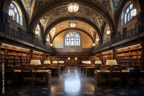 Well-lit Public library interior. School modern shelf. Generate Ai