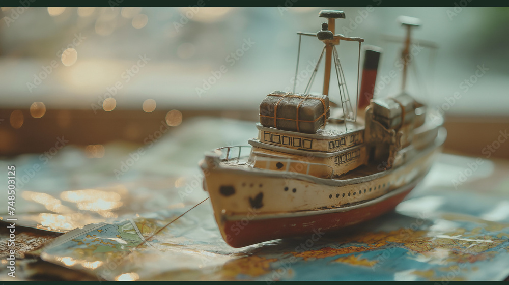 Naklejka premium Vintage Toy Ship on a Map, Conceptual Image of Nautical Travel and Adventure with Miniature Boat