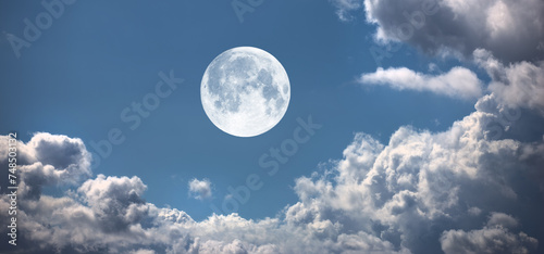 Moon, cloud and blue sky with light for twilight, fog or weather of natural scenery in nature. Moonlight, sphere or full circle with cloudy fog, lunar or bright orb of glowing hemisphere in the air