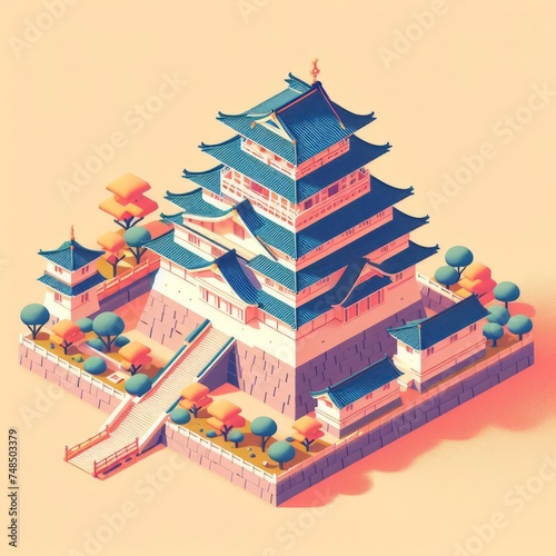 Isometric Landmark Design Japanese Traditional Castle with Relaxing Lo-Fi Vibes Illustration