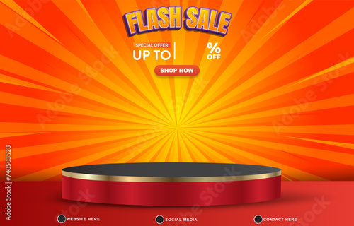 flash sale discount template banner with blank space 3d podium for product sale with abstract gradient yellow and orange background design